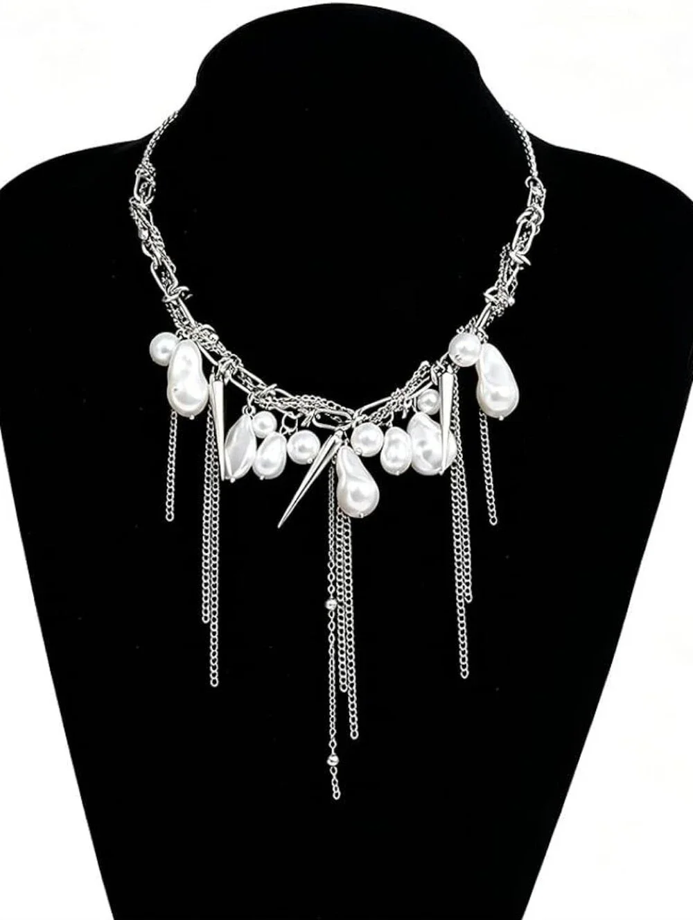 Goth Chunky Silver Pearl Necklace Spike Choker - Picture 2 of 3